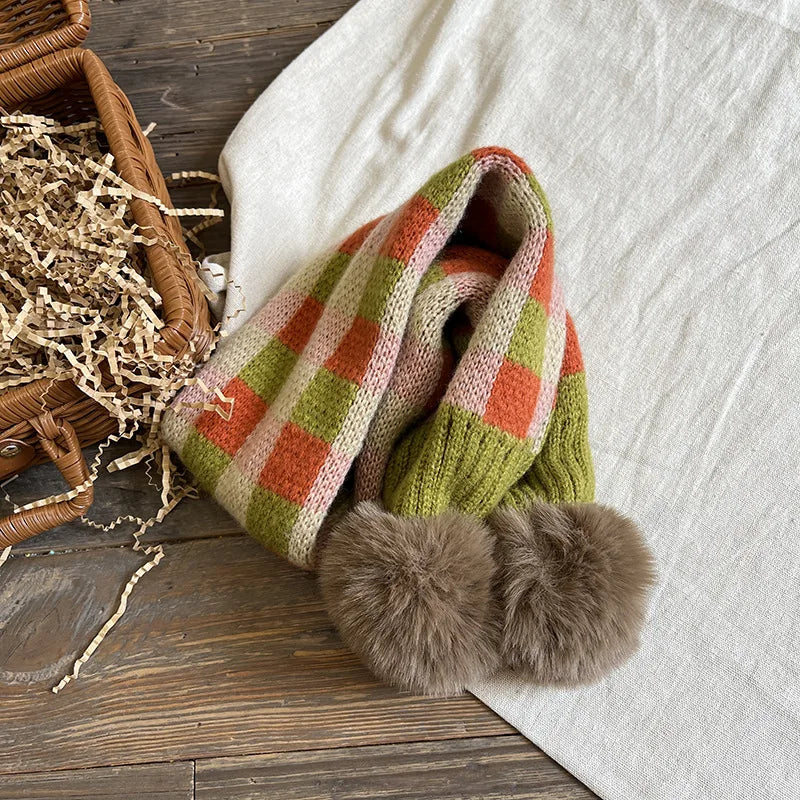 Autumn Winter Warm Children's Scarves Plaid Plush Balls