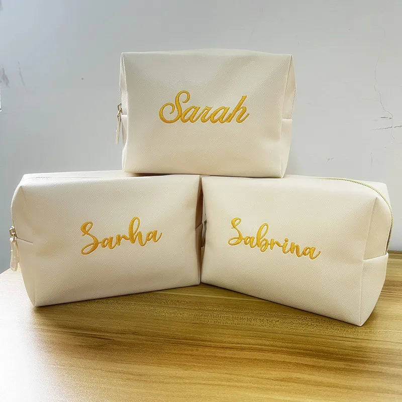 Personalized Embroidery Makeup Bag Portable PU Saffiano Leather