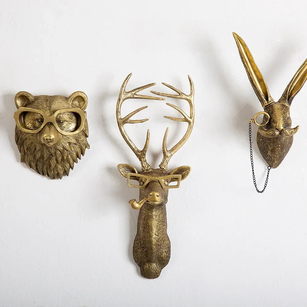 Antique Bronze Resin Animal Pendant Golden Deer Head