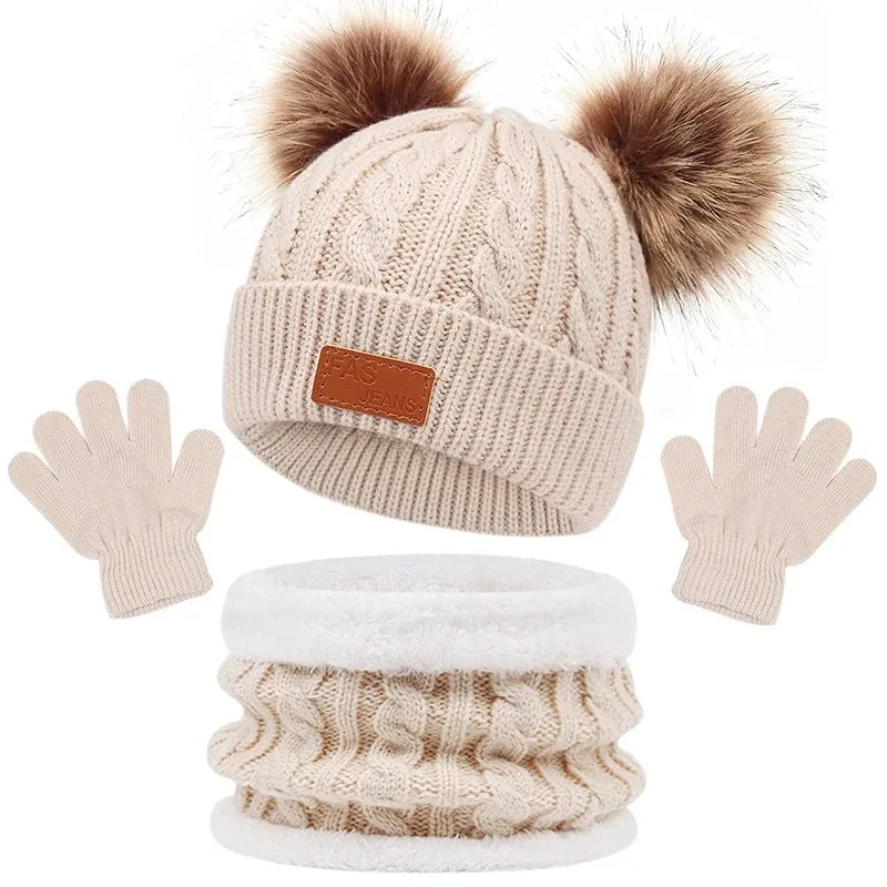 Baby Winter Hat Scarf Gloves Set Knitted Fur