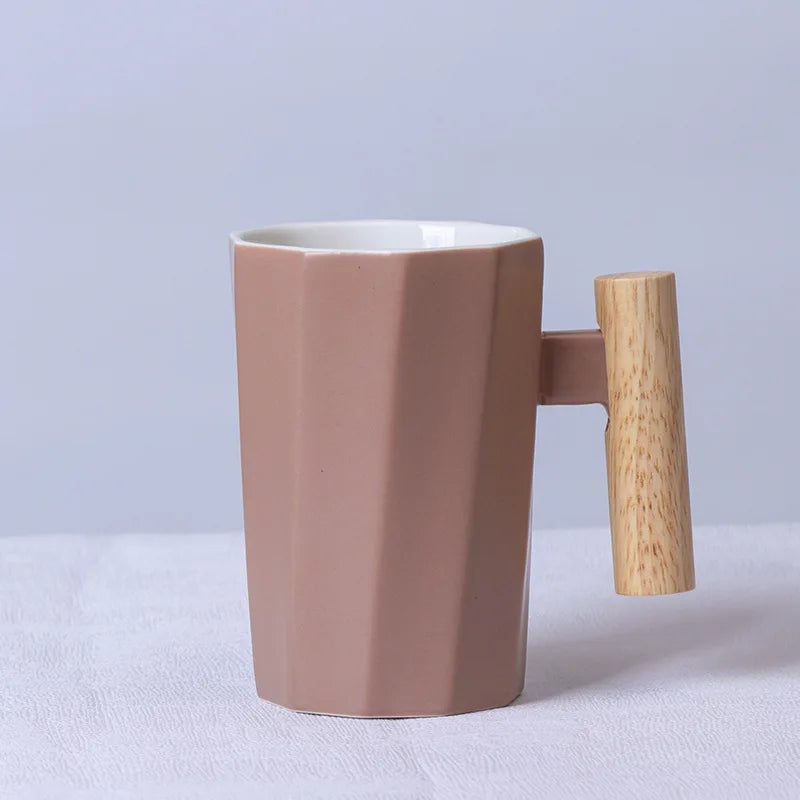 Nordic Wooden Handle Ceramic Porcelain Mug Coffee Cups