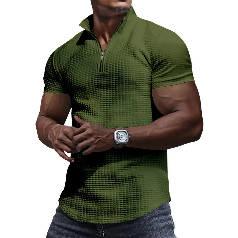 Fashion Waffle Plaid Stand Collar Polo Shirt Men