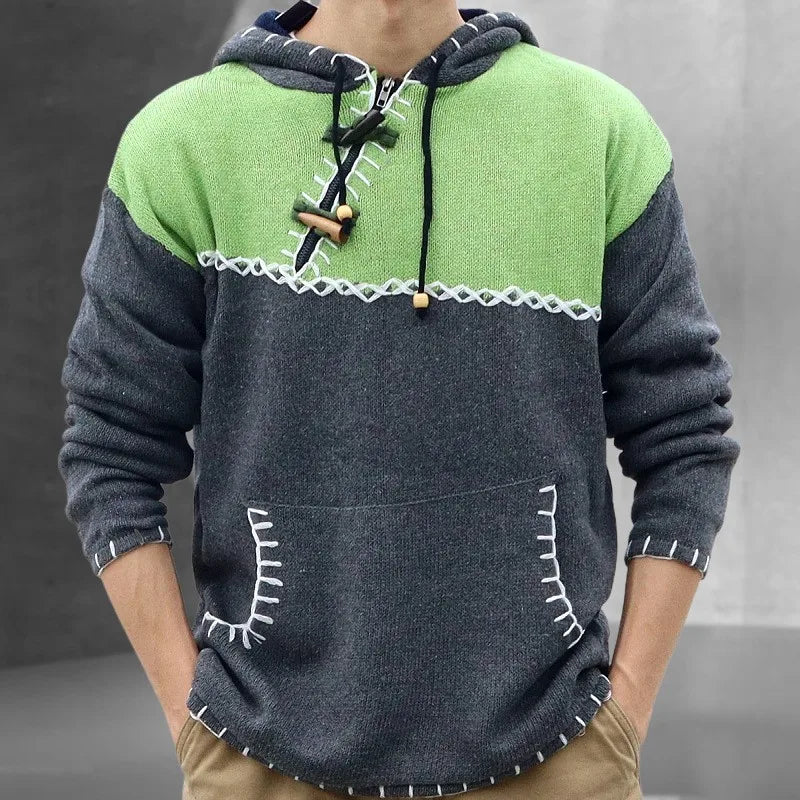 Winter Clothing Men's Patchwork Knitted Hooded Pullover Sweater