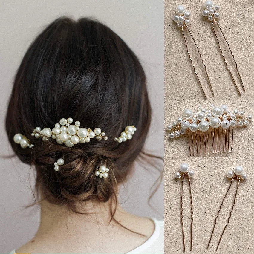 Pearl Flower Hairpin Side Comb Golden Leaf Shaped