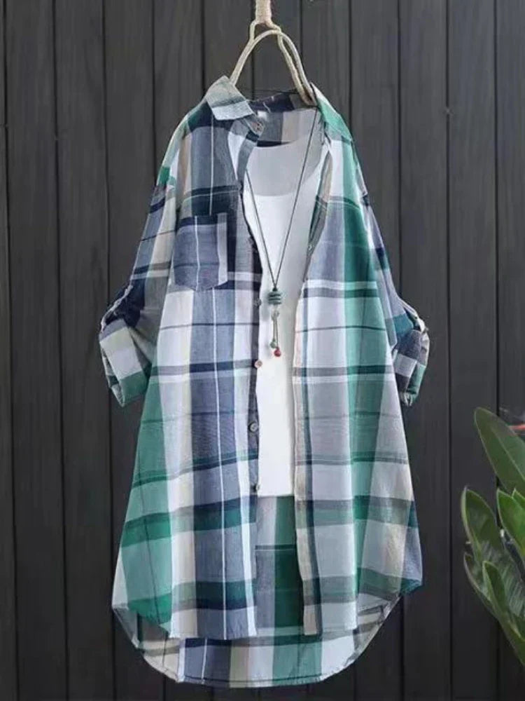 Plus Size Cotton Mid Length Plaid Print Women