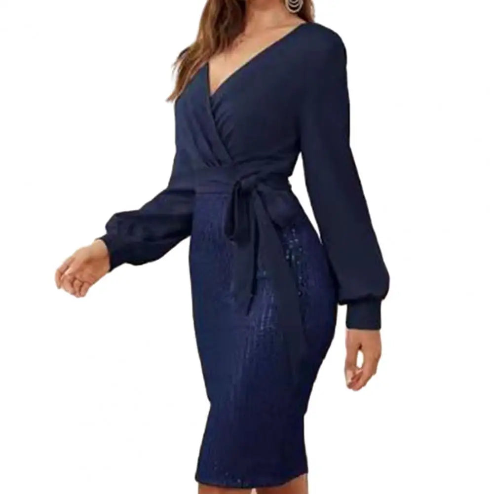 Women Vneck Dress Stunning Sequin Splicing Bodycon Dress