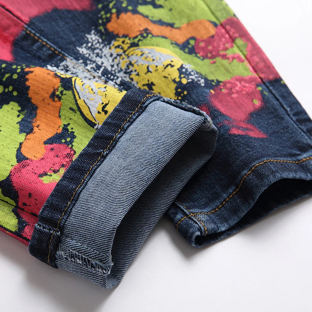Men's Painted Stretch Denim Jeans Streetwear Colored Slim