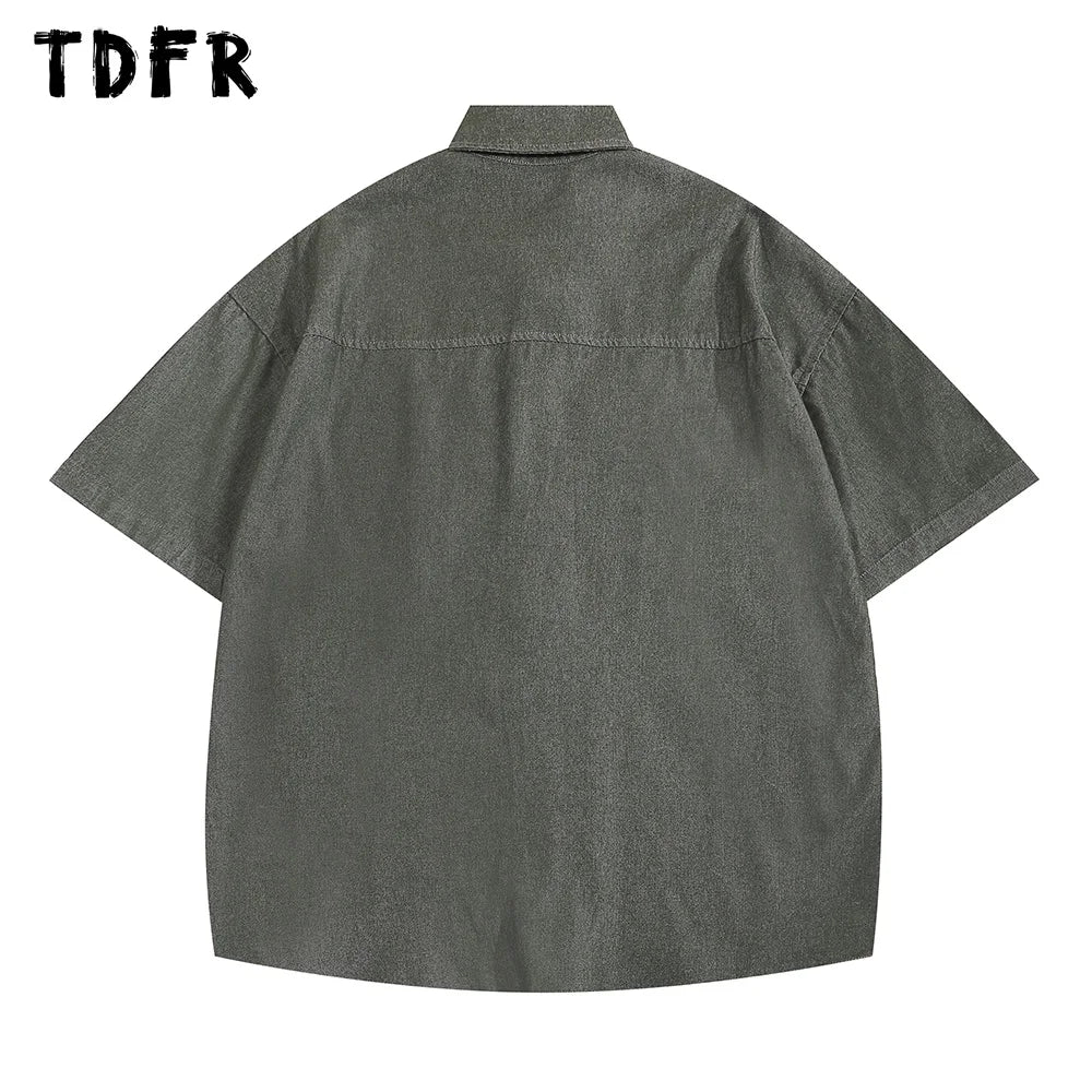 Embroidery Cargo Short Sleeve Shirts Mens Summer Vintage