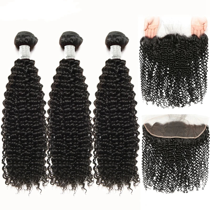 Elfriede Natural Black Kinky Curly Bundles with Frontal