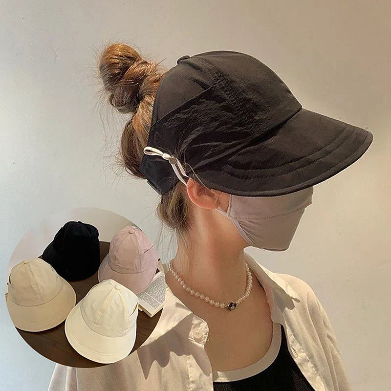 Foldable Wide Brim Ponytail Sun Hat Drawstring Adjustable