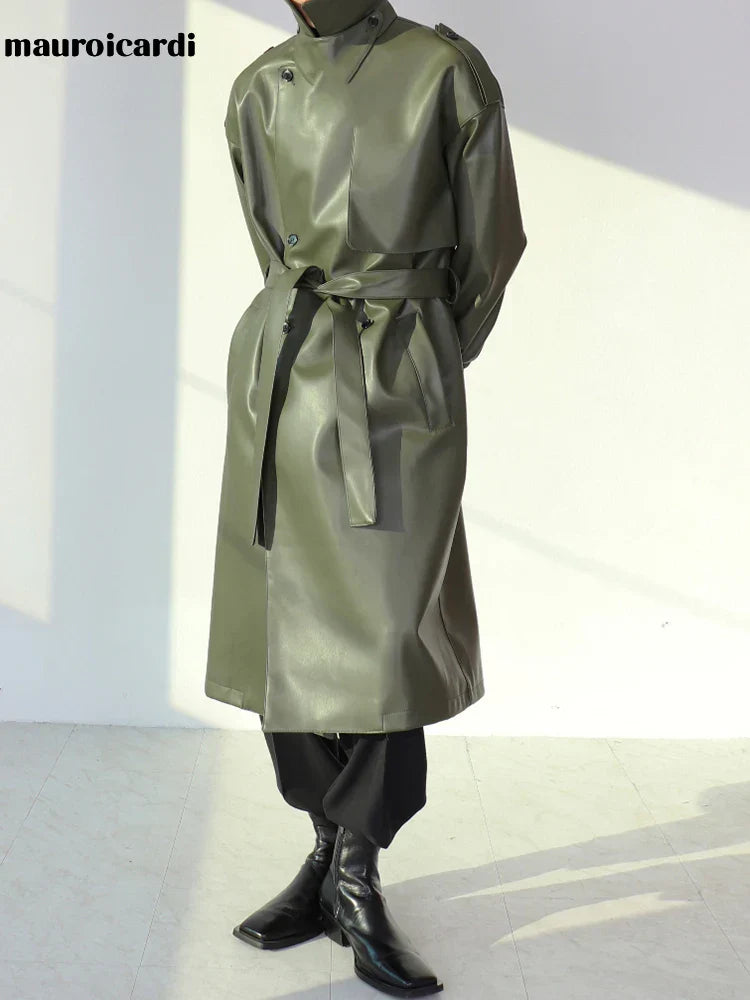 Mauroicardi Spring Autumn Long Oversized ArmyGreen Black Faux