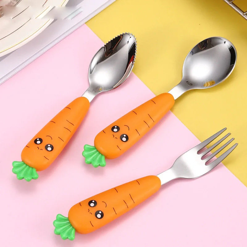 1/3Pcs Baby Feeding Utensils Cartoon Vegetable Fork Spoon