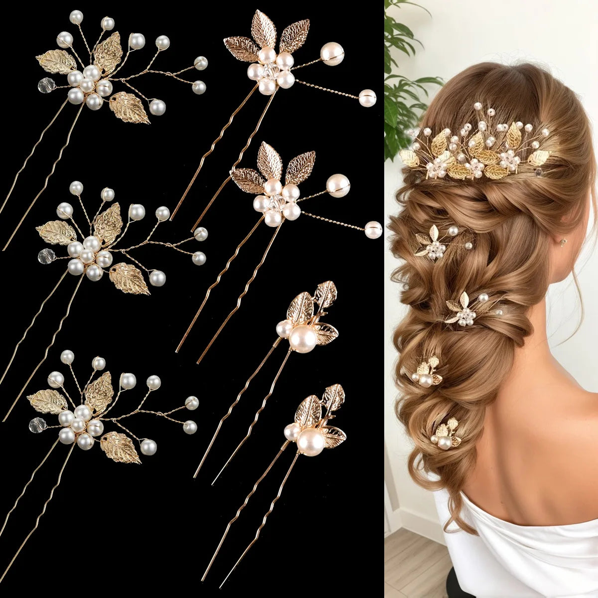 Pearl Flower Hairpin Side Comb Golden Leaf Shaped