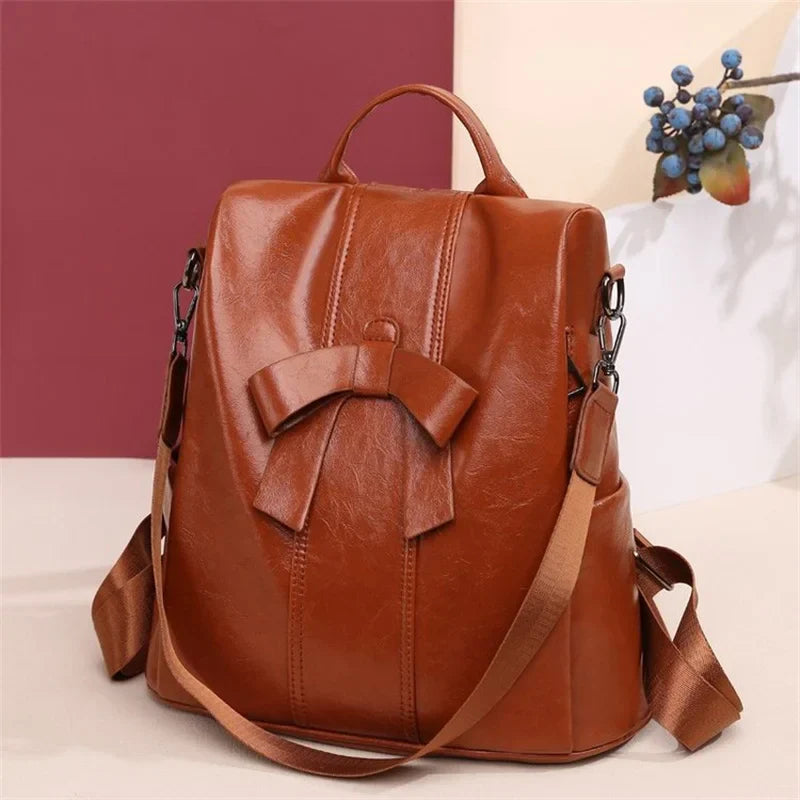 TRAVEASY PU Leather Vintage Bows Cute Woman Backpack
