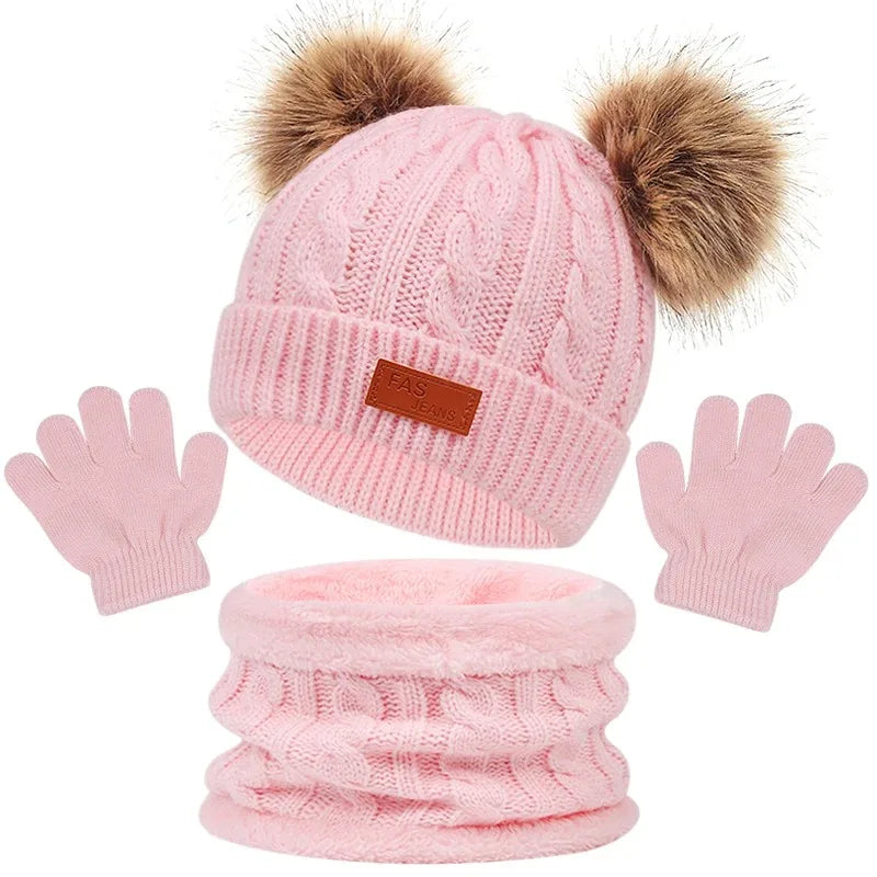 Baby Winter Hat Scarf Gloves Set Knitted Fur
