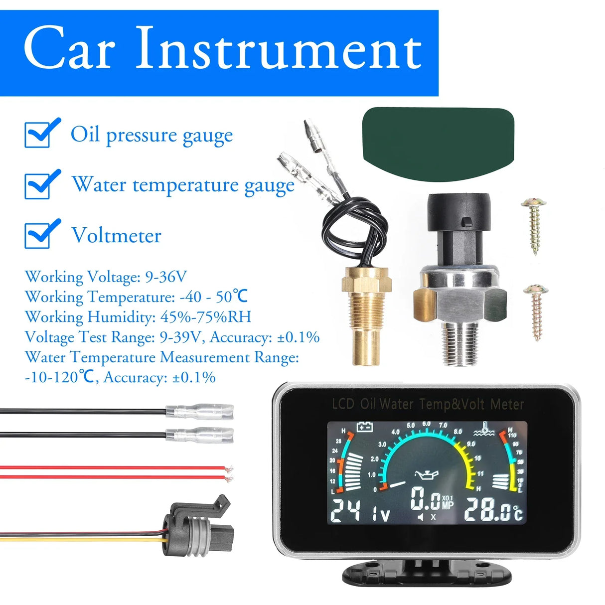 3-in-1 Car LCD Digital Gauge: Oil Pressure, Voltage, Water Temperature