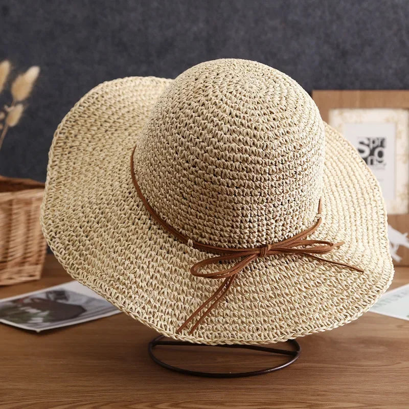Beach Straw Women Foldable Bucket Simple Solid Color