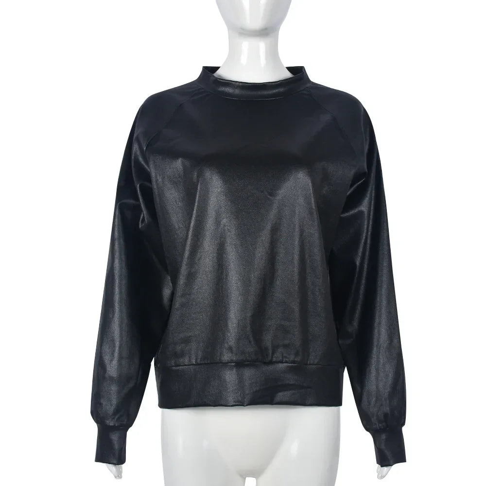 Silver Metallic PU Sweatshirt For Women Long Sleeve