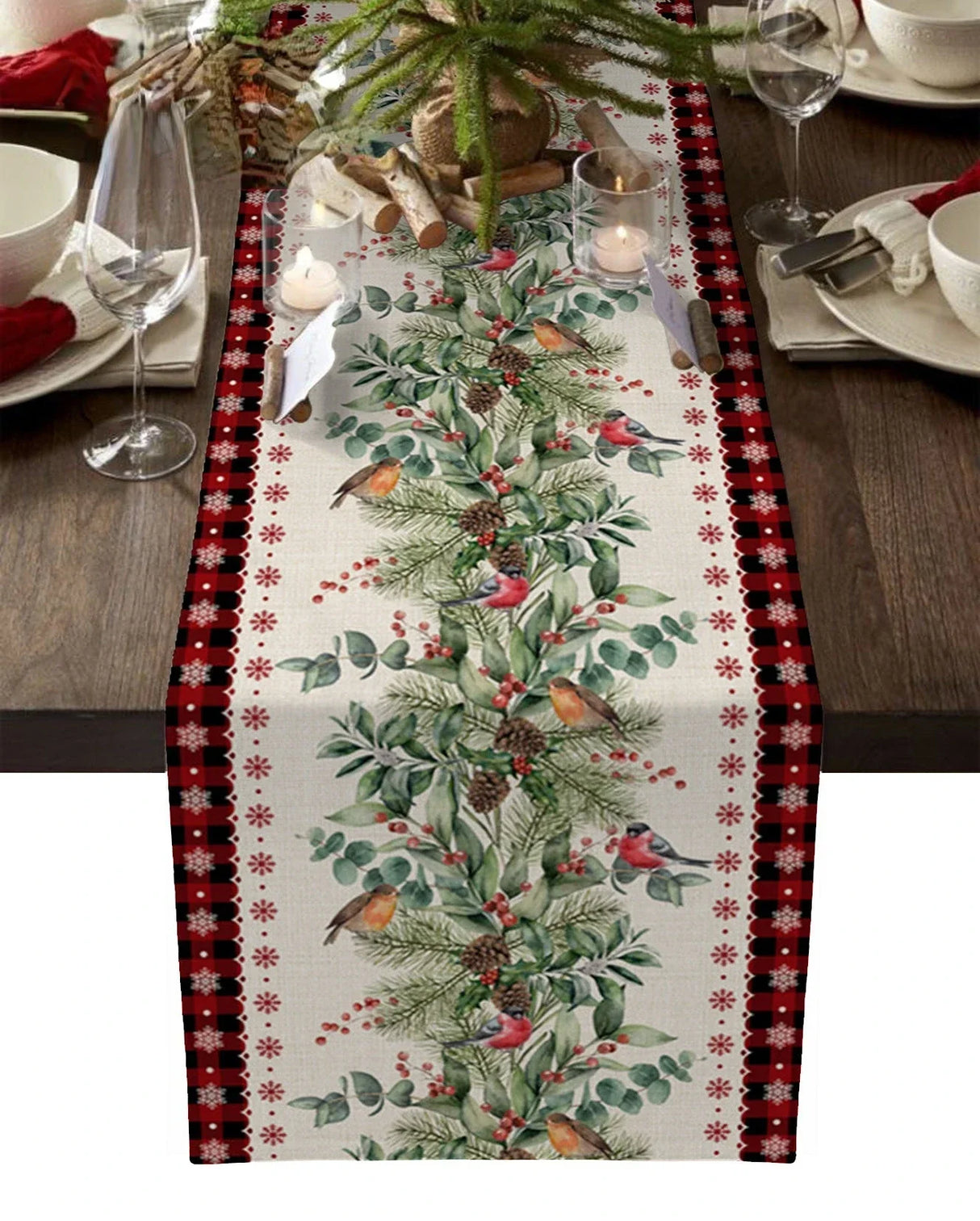 Modern Elegant Table Runner Eucalyptus Berries Robin Table