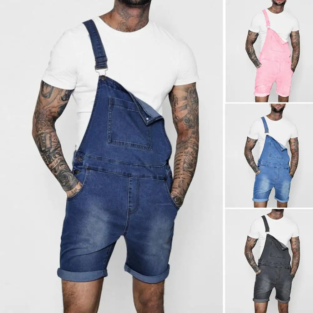 Pink Denim Overall Shorts for Men Fashion Hip