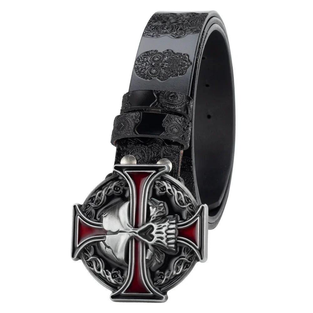 Skull Leather Belt Embossed Pattern Cowskin Fashion Buckle