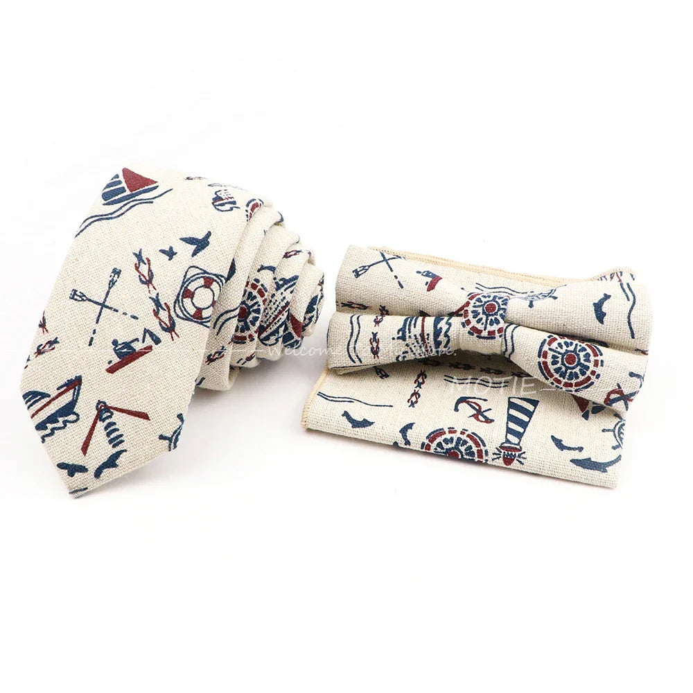 Men Linen Plant Ainmal Ties Set Pocket Handkerchief