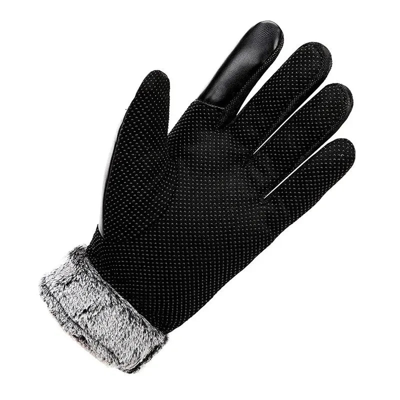 Leather Gloves Men's Winter Fleece Thickened Warm Touch