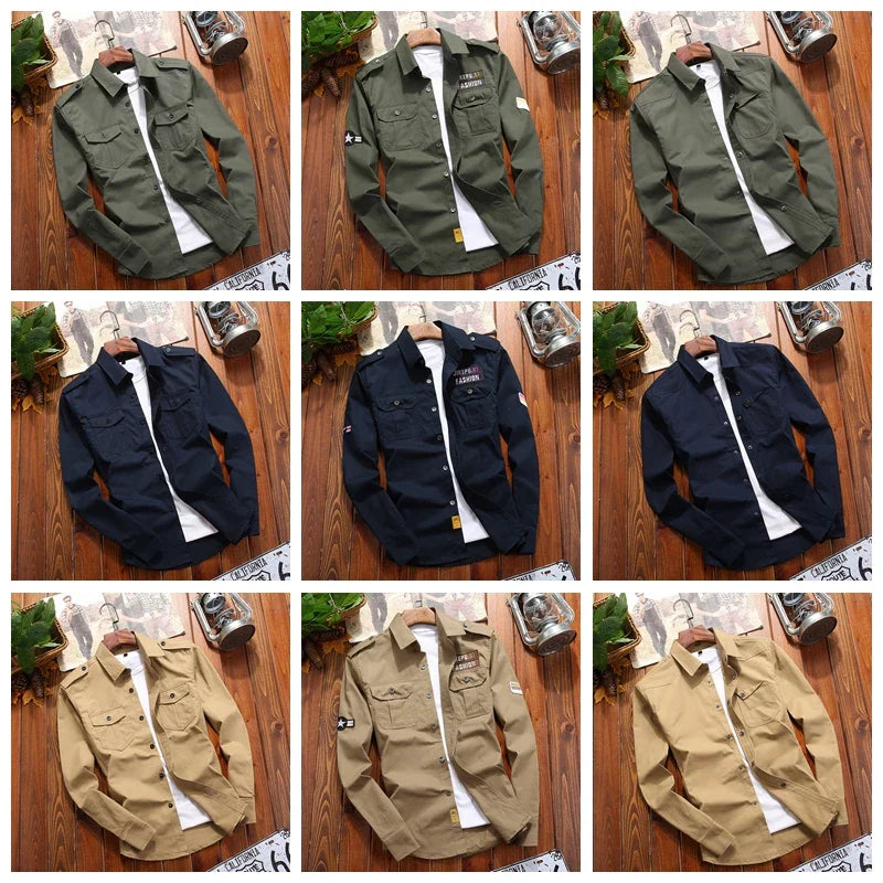 Men's Shirts Military Casual Shirt Cotton Khaki Retro