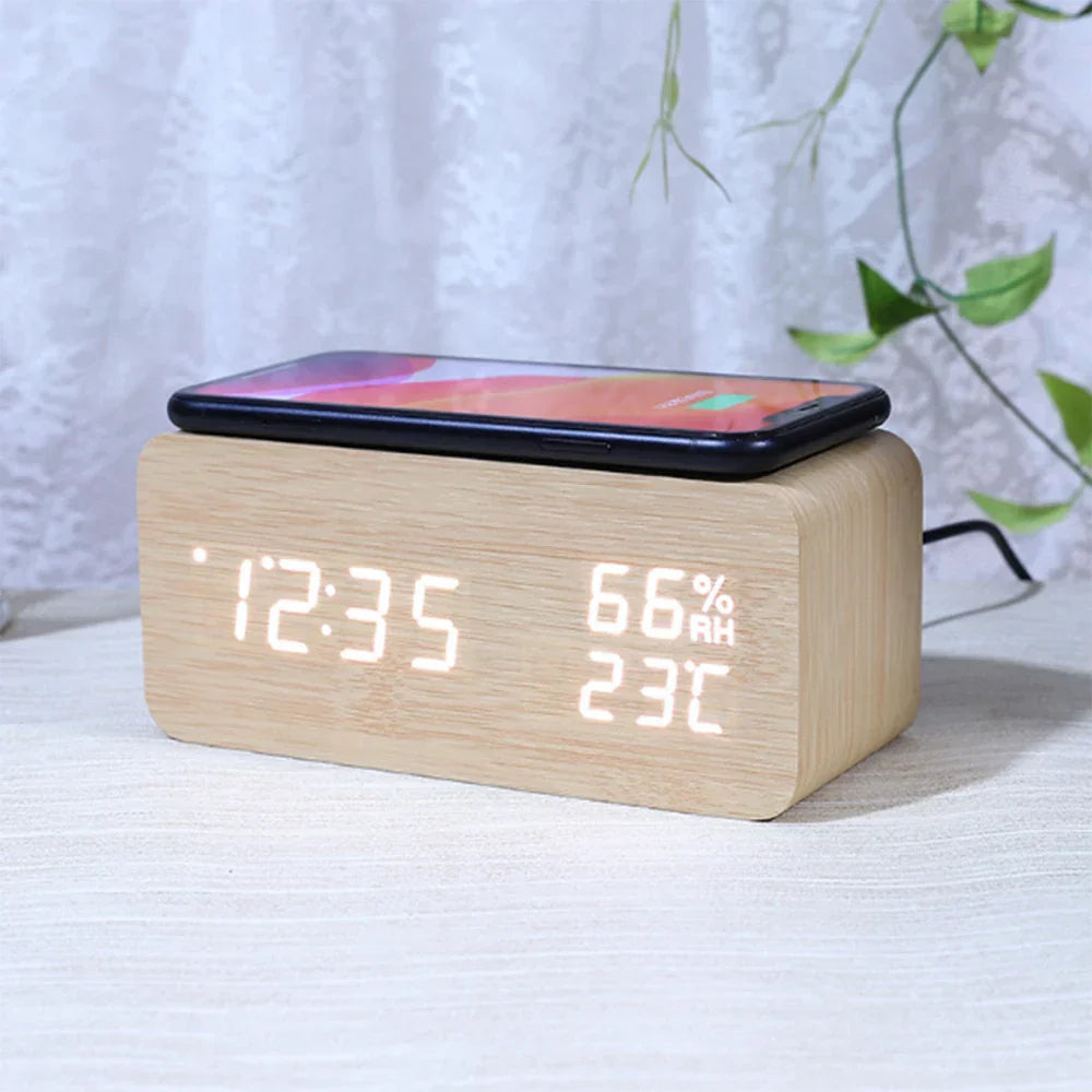 Wood Grain Digital Alarm Clock With Wireless Charging