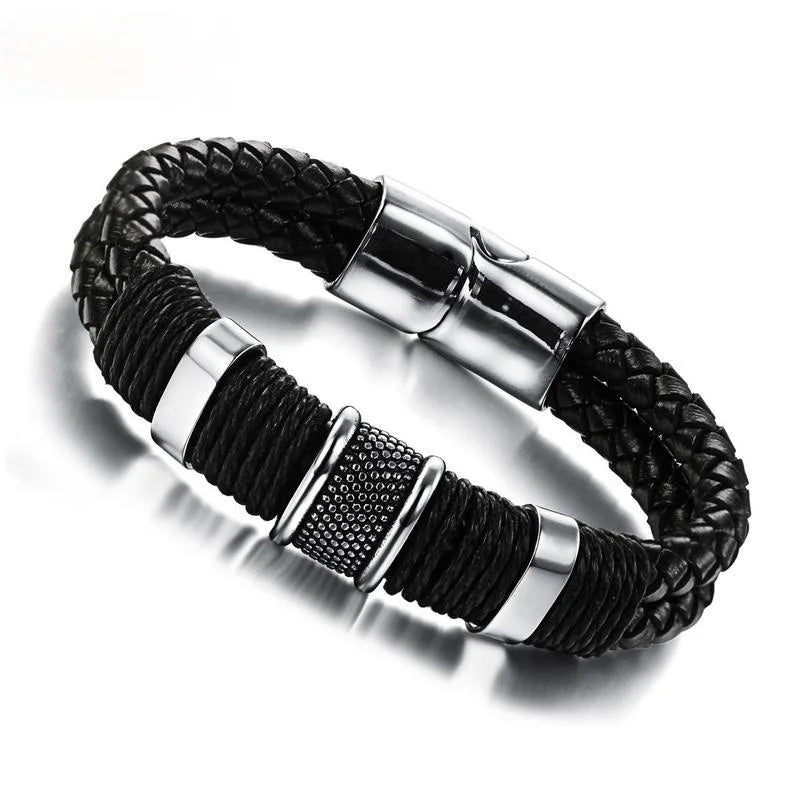 Leather Magnetic Buckle Bangle Braided Bracelet Titanium Steel Men‘s Bracelet Vintage Kpop Bangles Bracelets for Men Women Gift