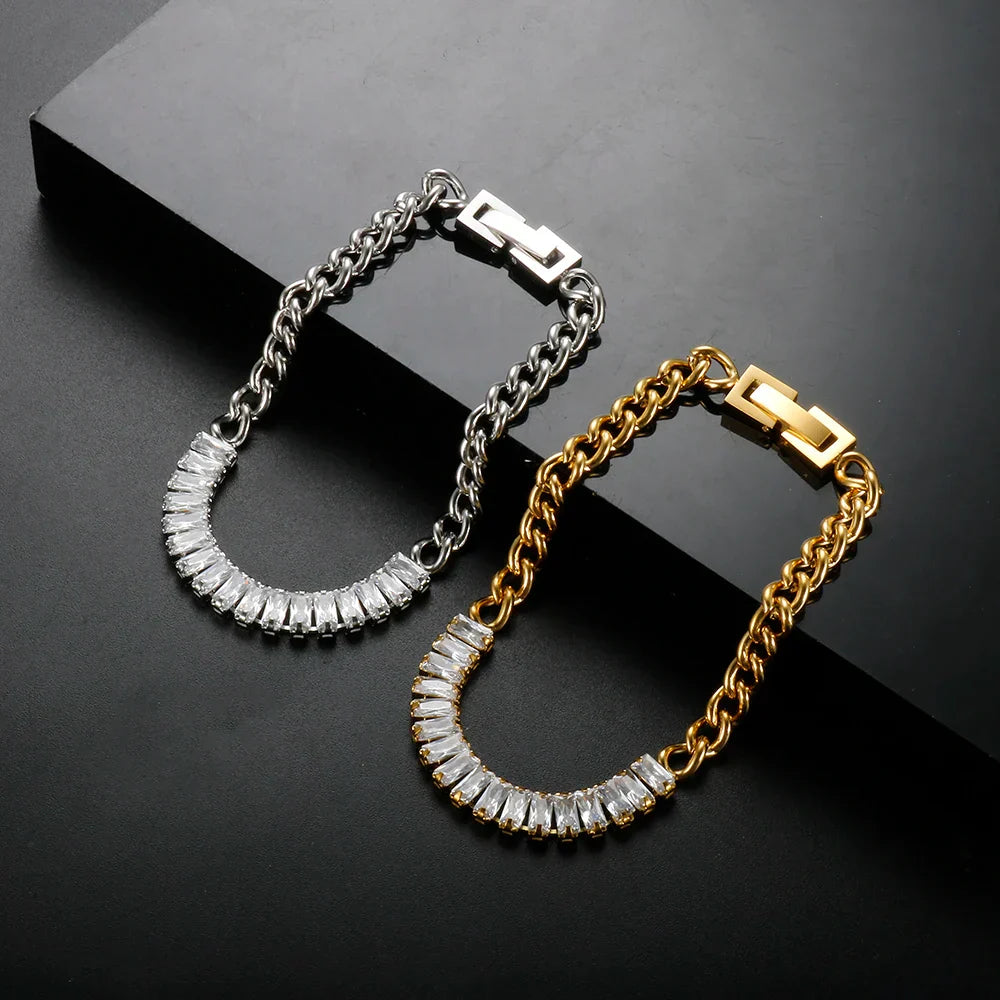 Luxury Cubic Zirconia Paneled Cuban Chain Bracelet 316L