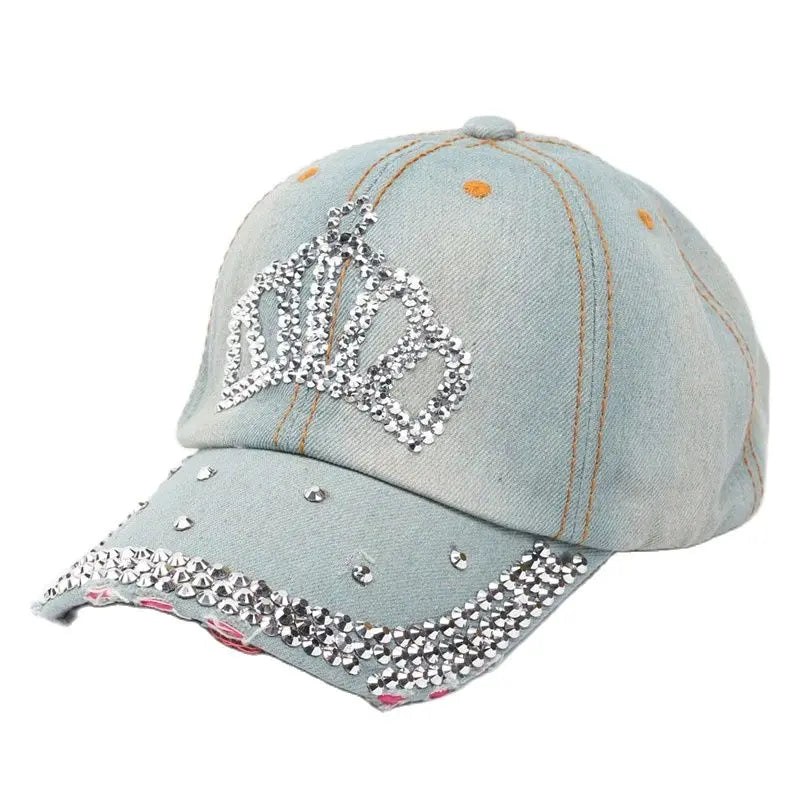 Women Bling Tiara Distressed Denim Baseball Cap Rhinestones