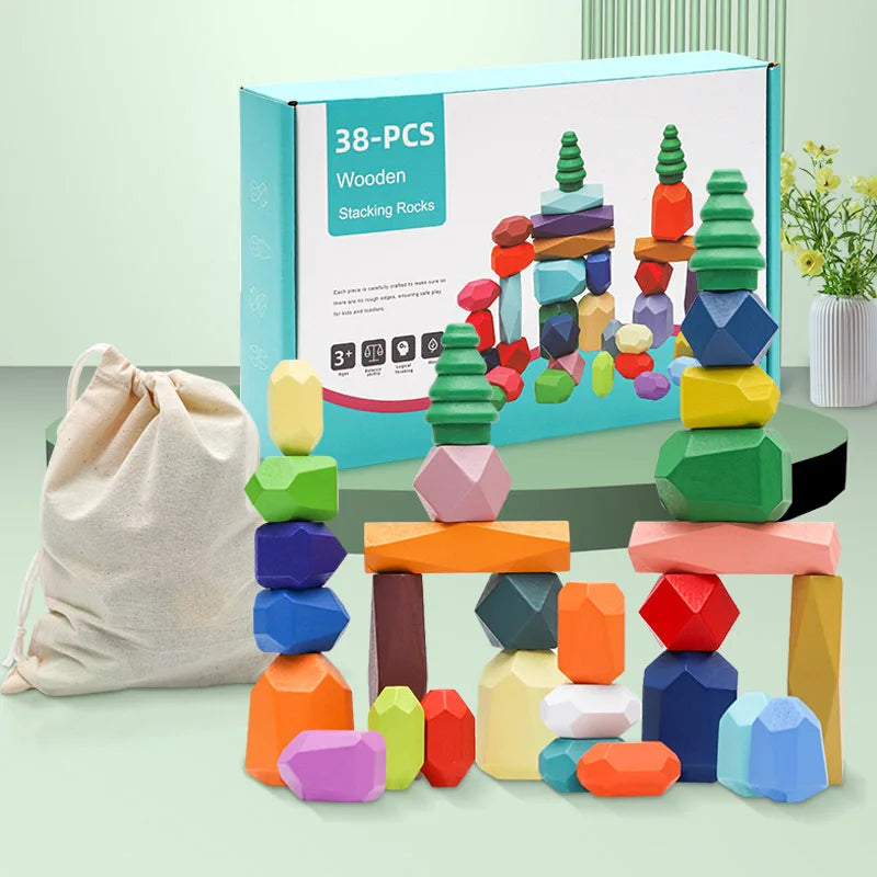 28/38pcs Wooden Rainbow Stone Building Blocks Set Balancing