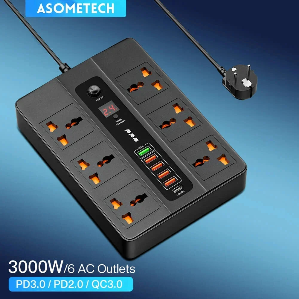 3000W 6 AC Outlets Power Strip 20W PD