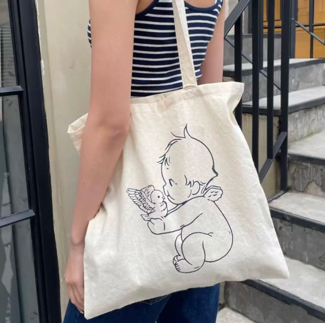 Casual Women Fashion Yellow Angel Printed Shoulder Bag 2023 Summer Vintage Canvas Fabric Female Bags Mujer