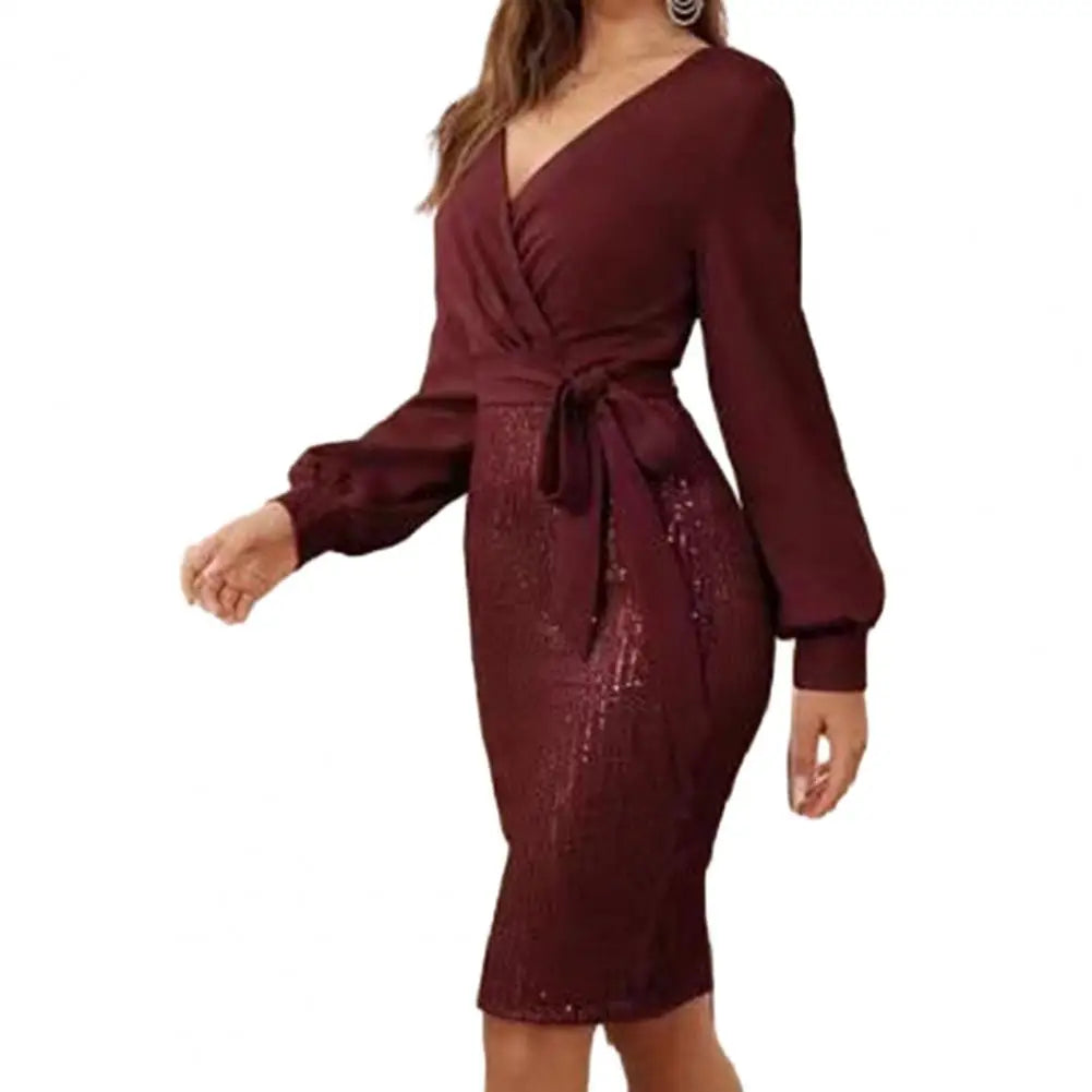 Women Vneck Dress Stunning Sequin Splicing Bodycon Dress