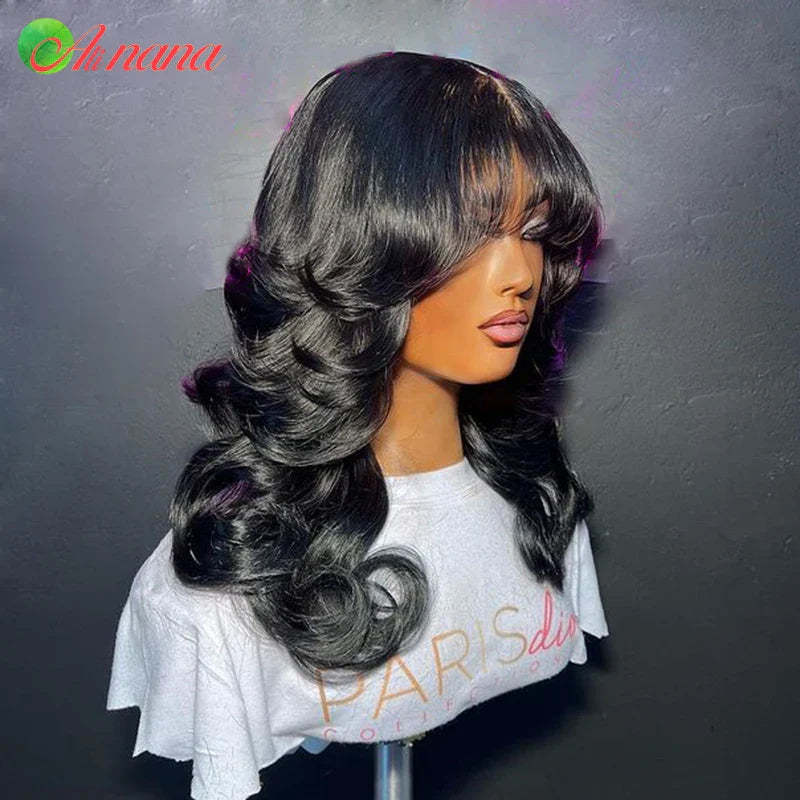 Reddish Brown Color Body Wave With Bangs 13x6