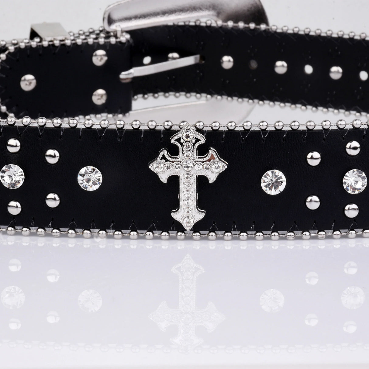 Black Cross Rivet Belt Engraved Buckle Rhinestone Decor