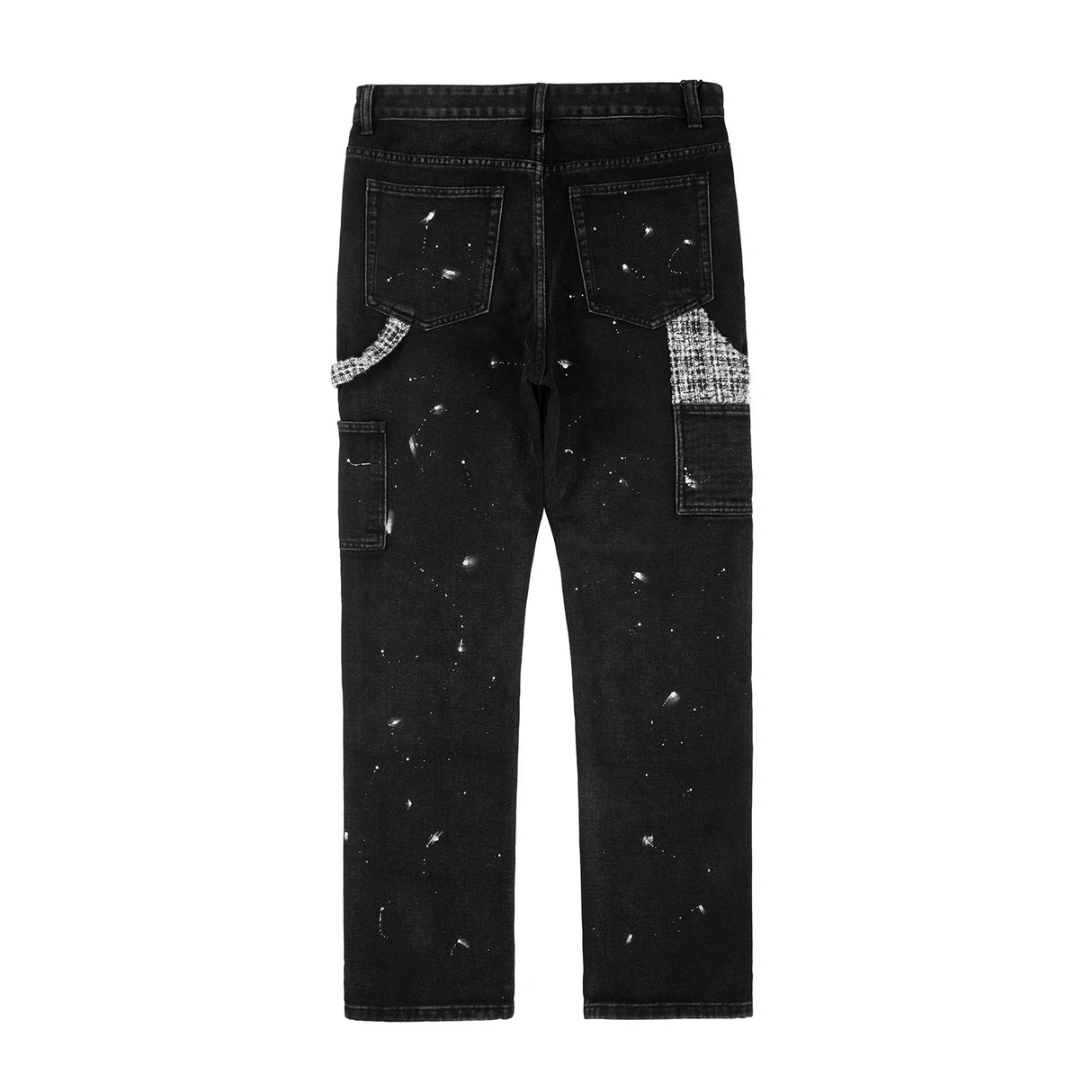 Black White Checkered Patchwork Straight Leg Denim Trousers