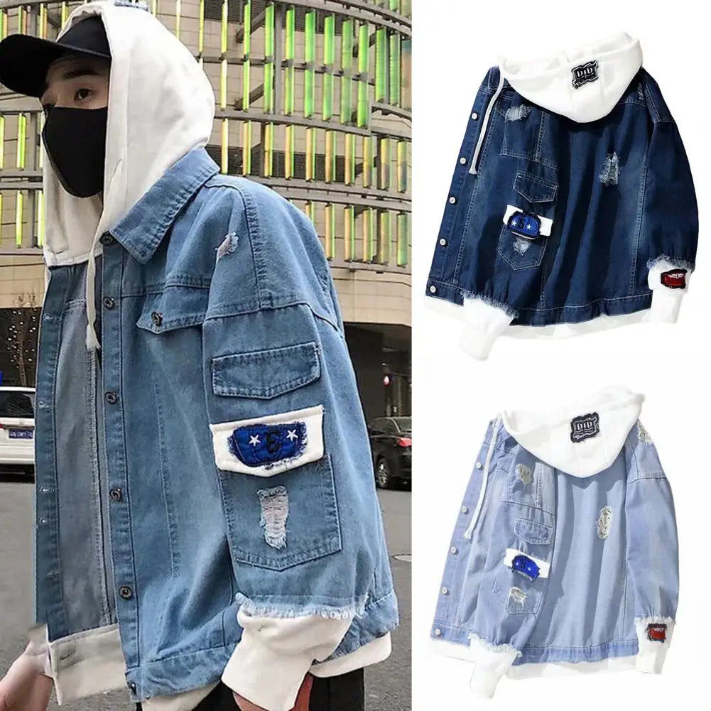 Men Light Blue Winter Jean Jackets Hooded Casual