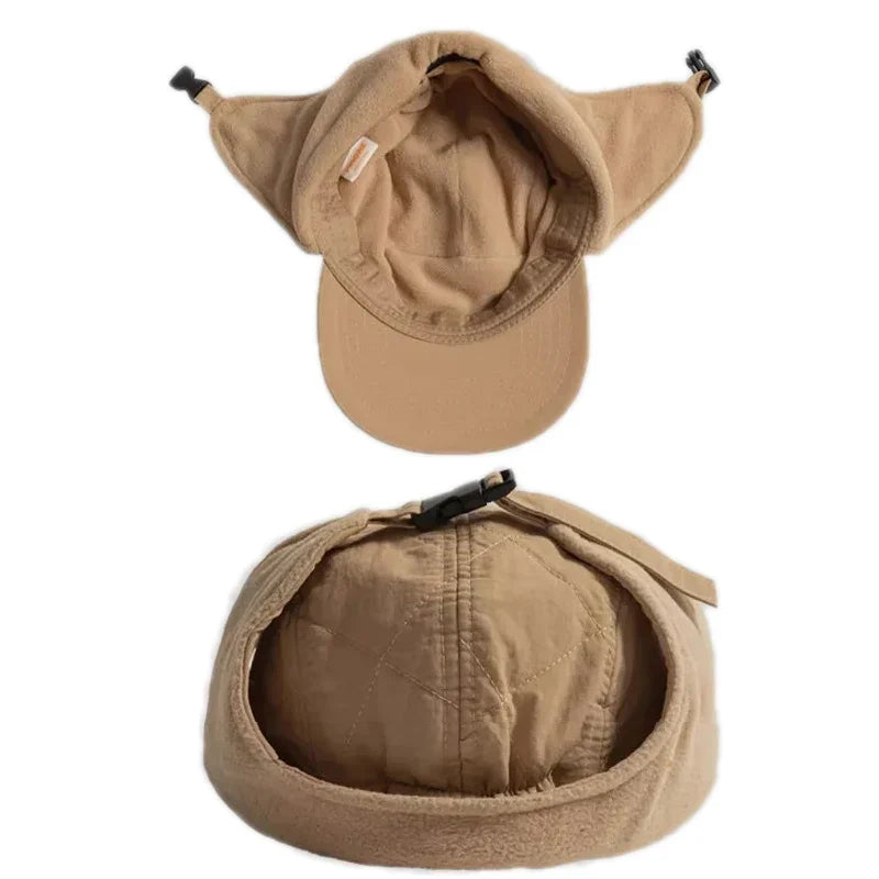 Korean Retro Flat Brimmed Fleece Lined Bomber Hats