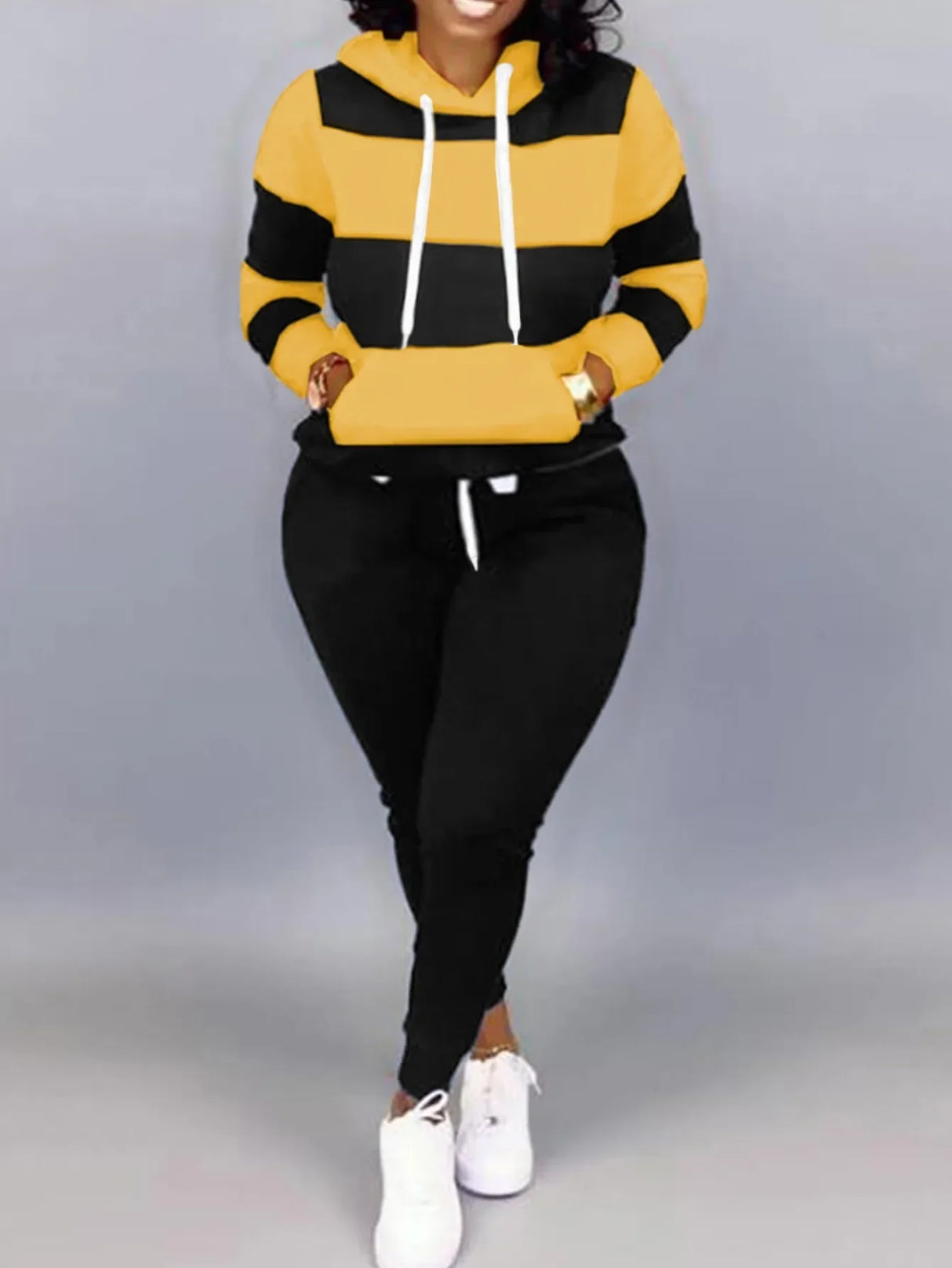 LW Plus Size Striped Drawstring Tracksuit Set Autumn
