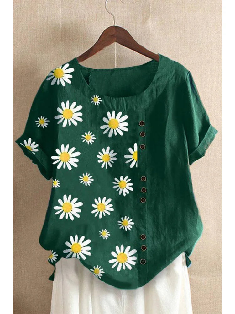 Plus Size DaisyPrint Cotton Linen Shirt Casual Summer