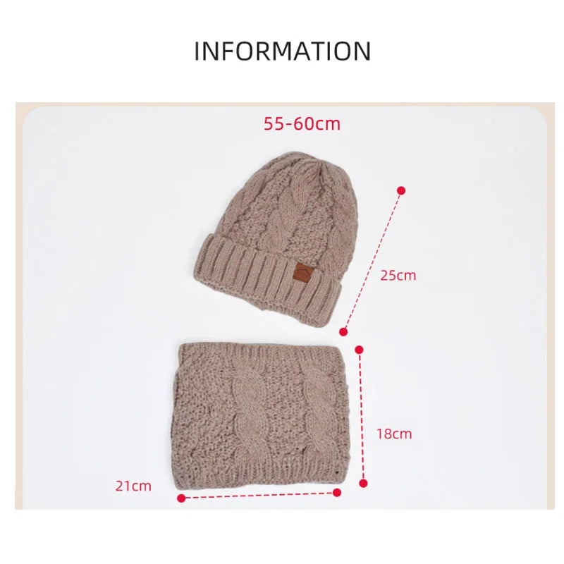 Women Fashion Winter Knitted Hat Scarf Set Fleece