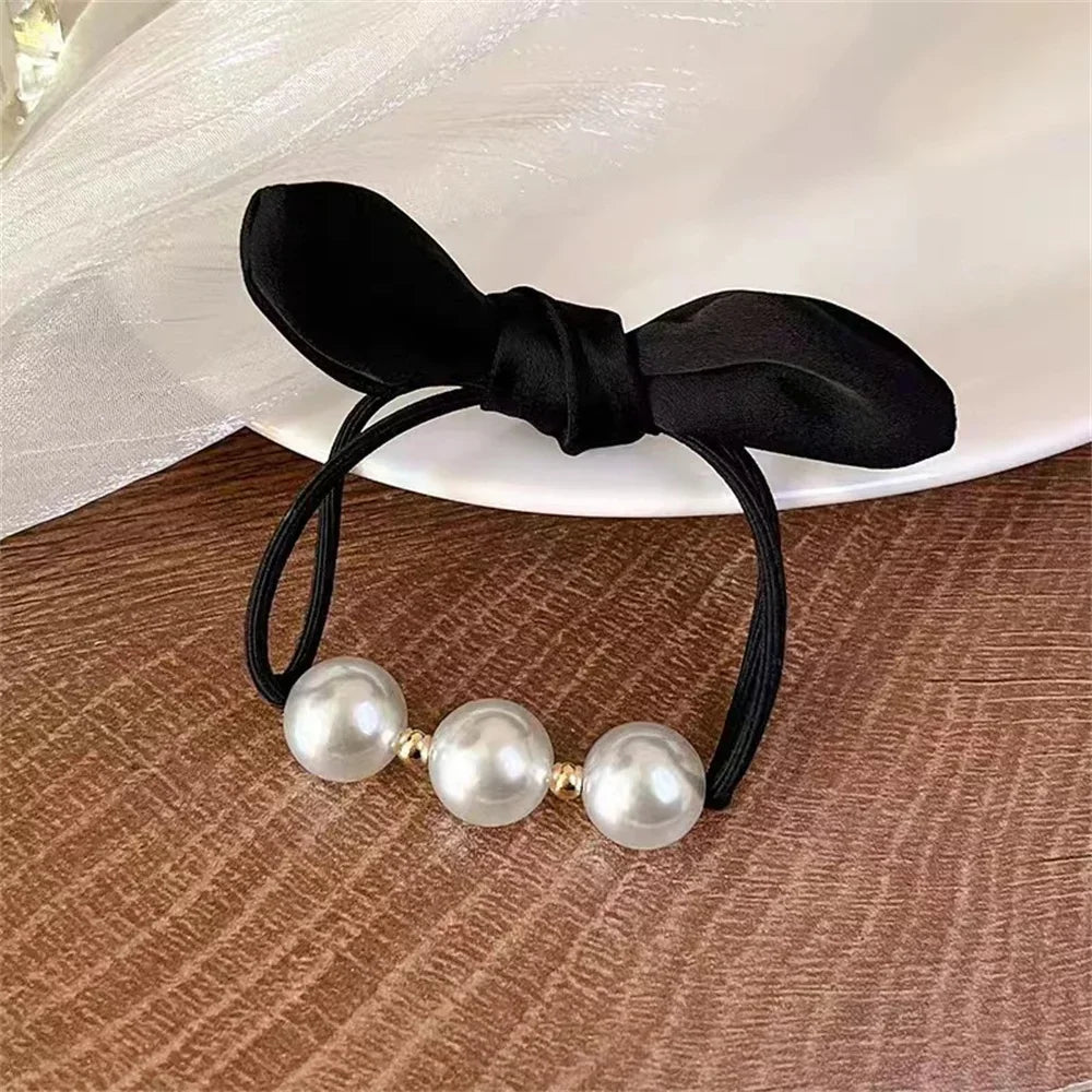 Fashion Seamless Black Hair Ties Rope Simple Pearl
