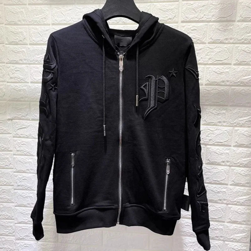 Men's Hoodie Letters Embroidered Zipper Hooded Cardigan Jacket
