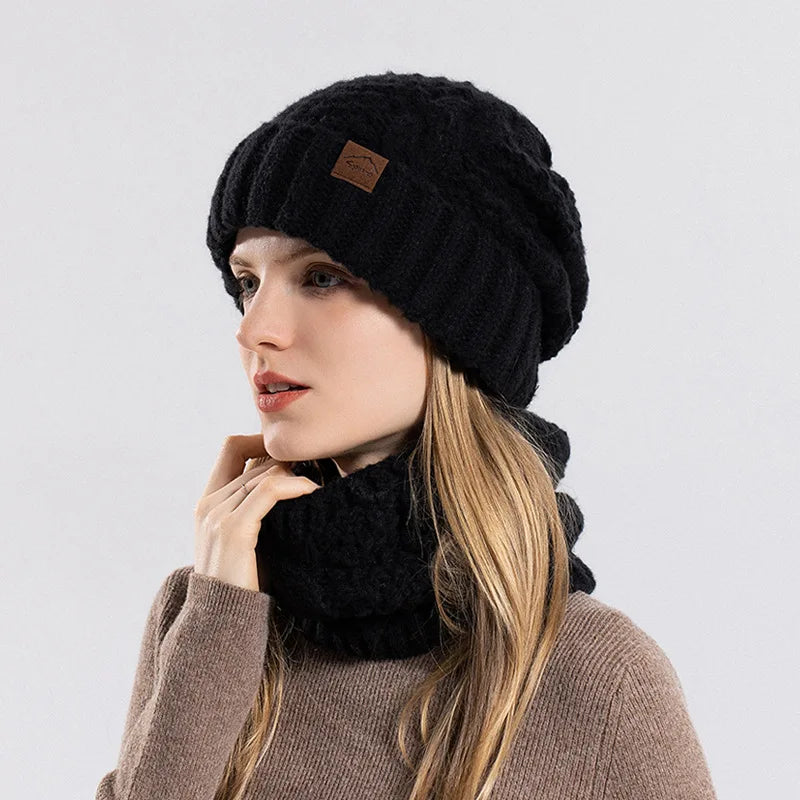 Women Fashion Winter Knitted Hat Scarf Set Fleece