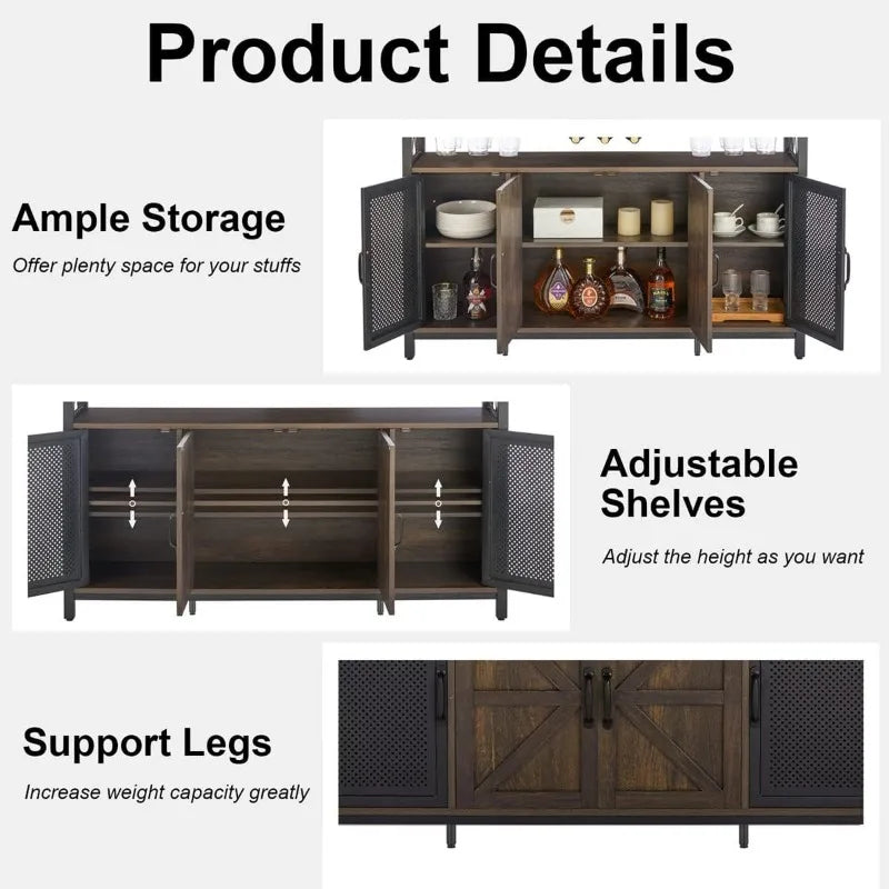 Industrial Wine Bar Cabinet for Liquor and Glasses,