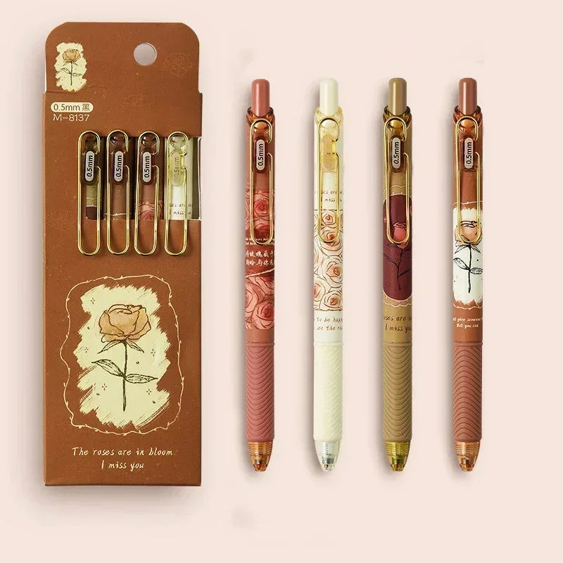 4pcs/box European Roses Gel Pens Smooth Writing Black