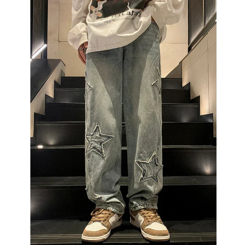 Star Embroidery Straight Casual Men Jeans Gothic Neutral